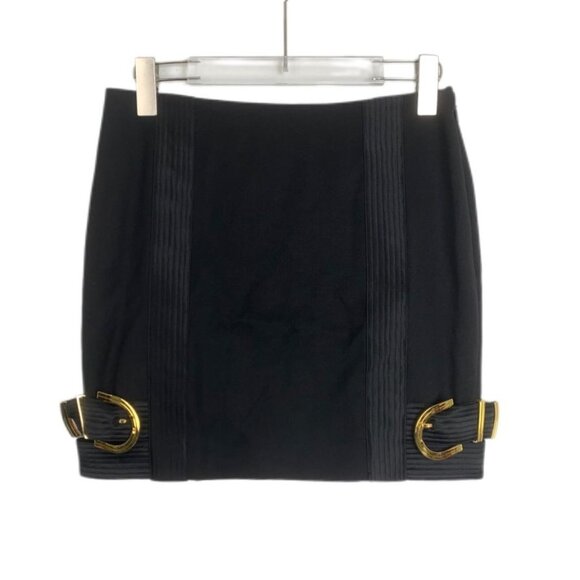 Versace Black Wrap Mini Skirt W/ Gold Clasp Design Size 38 Ribbed Detailing Clas - Picture 1 of 6